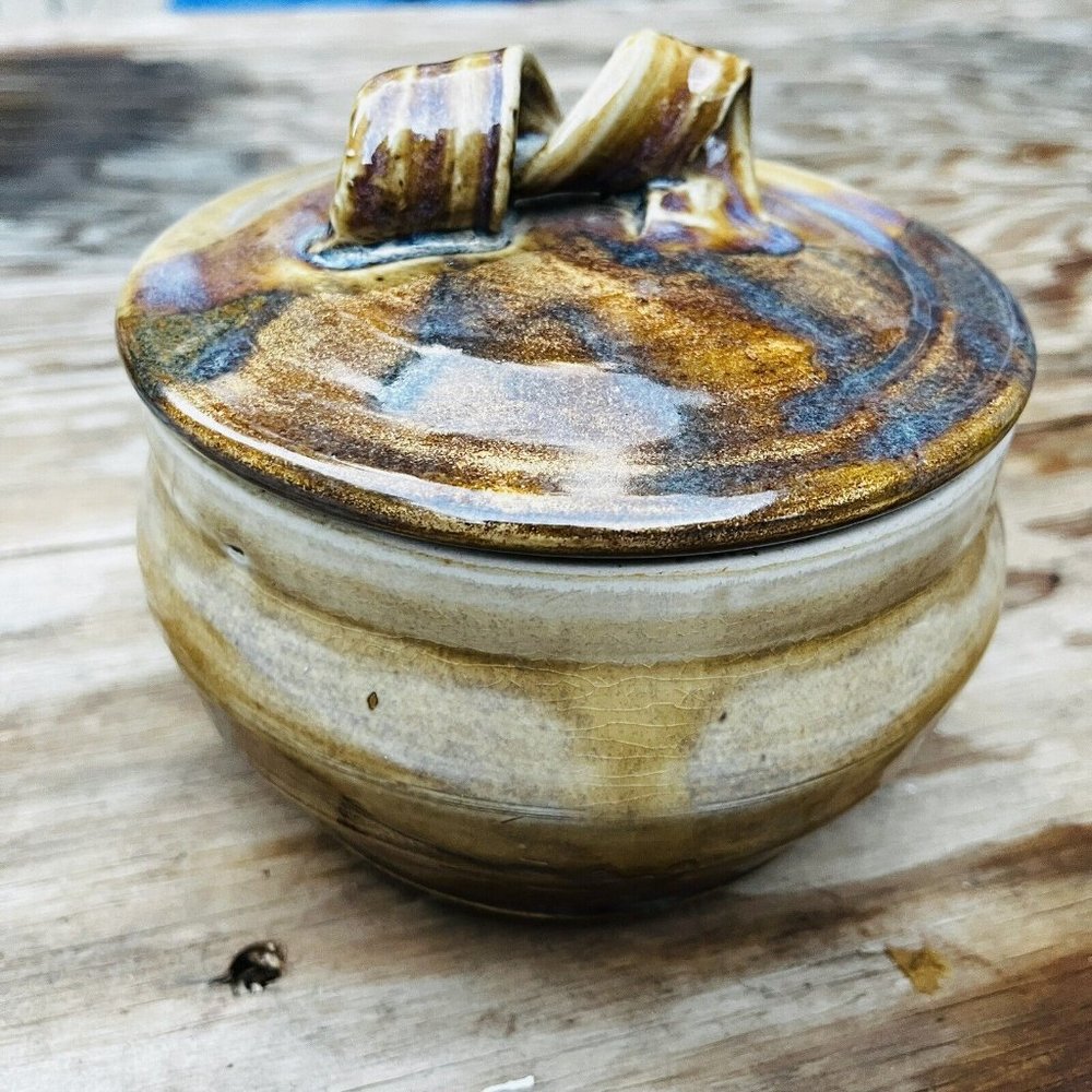 STUDIO ART POTTERY Brown and Blue Drip Glaze Lidded Dish SIGNED
